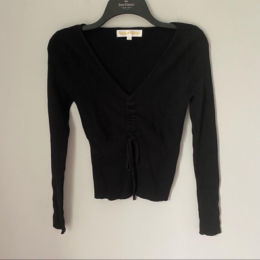 Sugar Moon Women’s V Neck Long Sleeve Cinched Front Knit Top